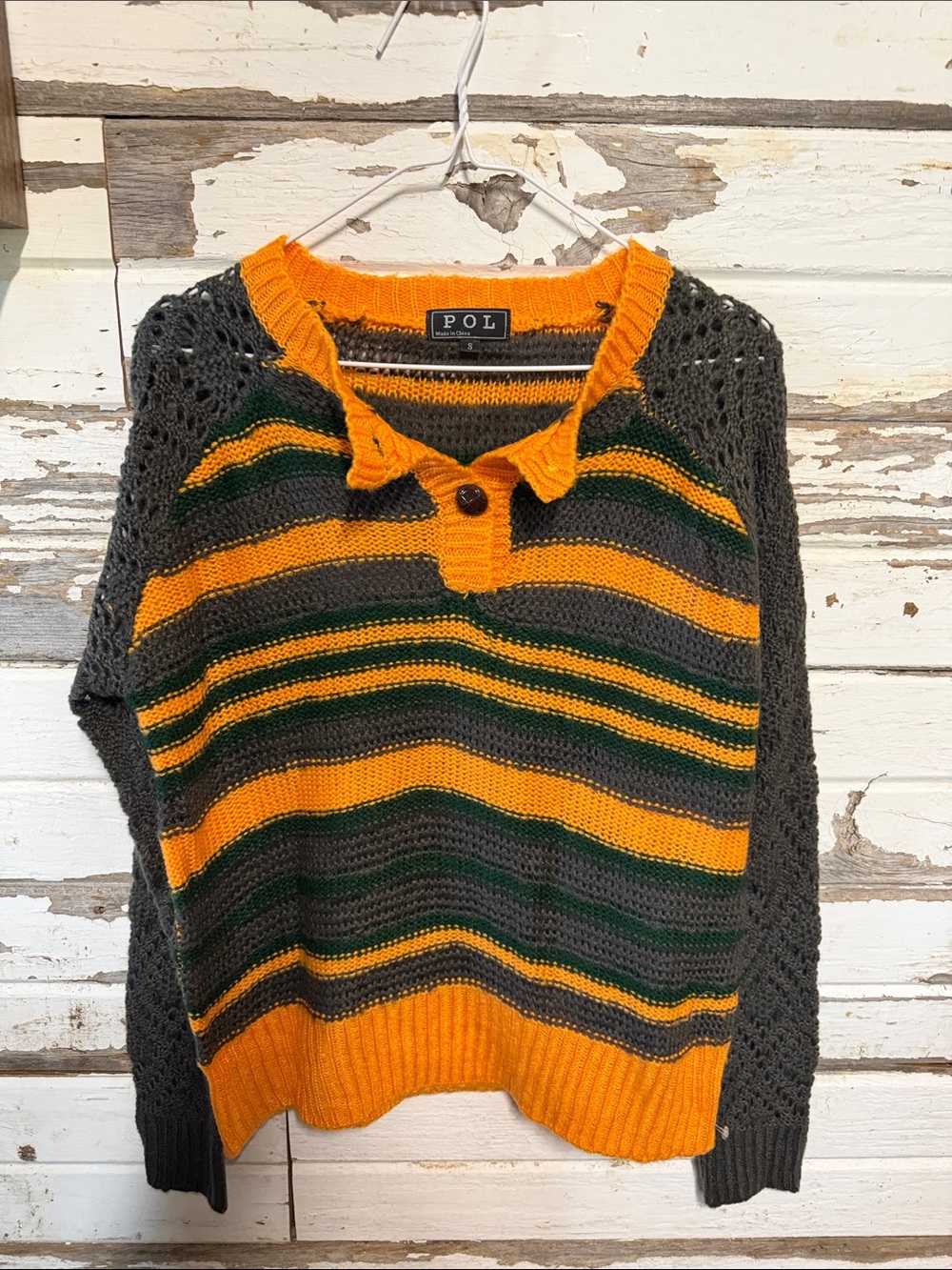 POL Striped Knit Sweater in Orange, Gray & Green